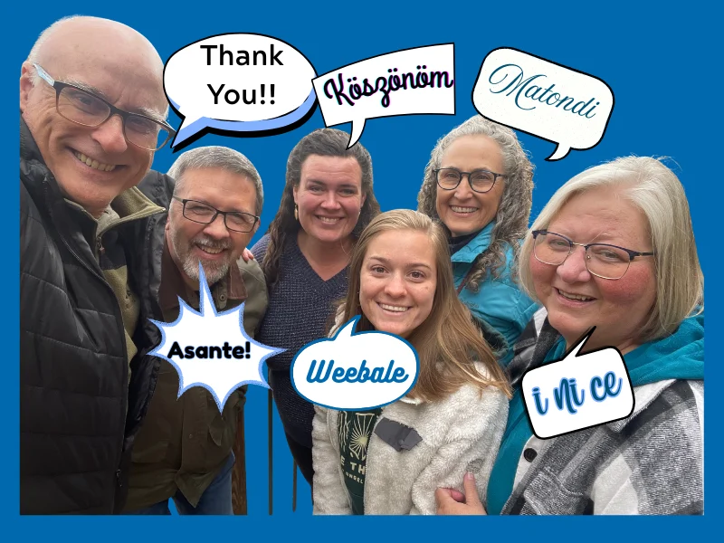 Interaction International staff members saying thank you in English, Swahili, Hungarian, Luganda, Lingala, and Dioula 